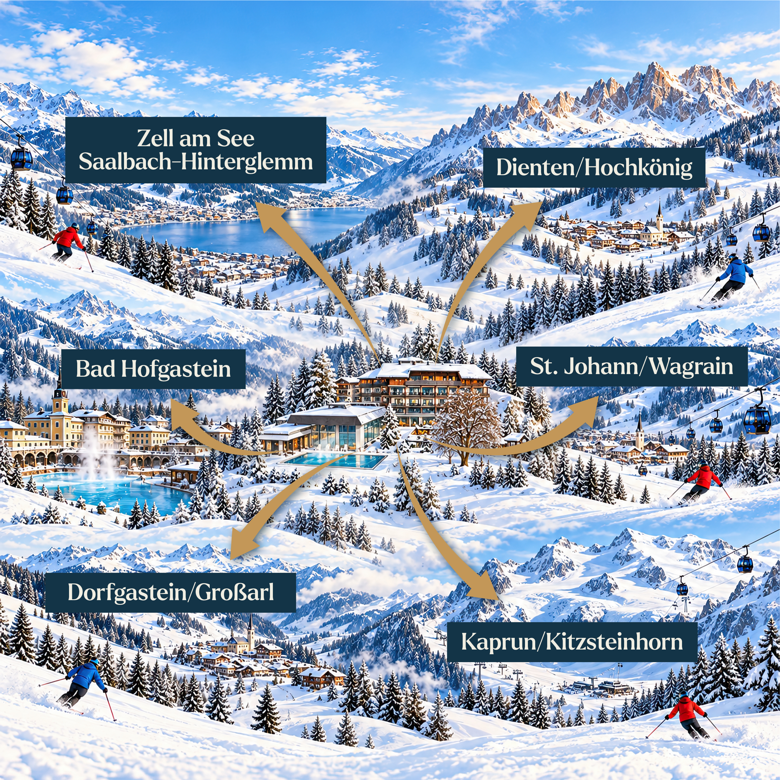 Illustrated overview map: the Rauriserhof in the centre, with arrows to the ski areas Zell am See/Saalbach-Hinterglemm, Dienten/Hochkönig, St. Johann/Wagrain, Bad Hofgastein, Dorfgastein/Großarl and Kaprun/Kitzsteinhorn
